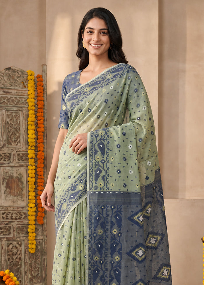 Blue Jamdani Cotton Saree Without Blouse Piece
