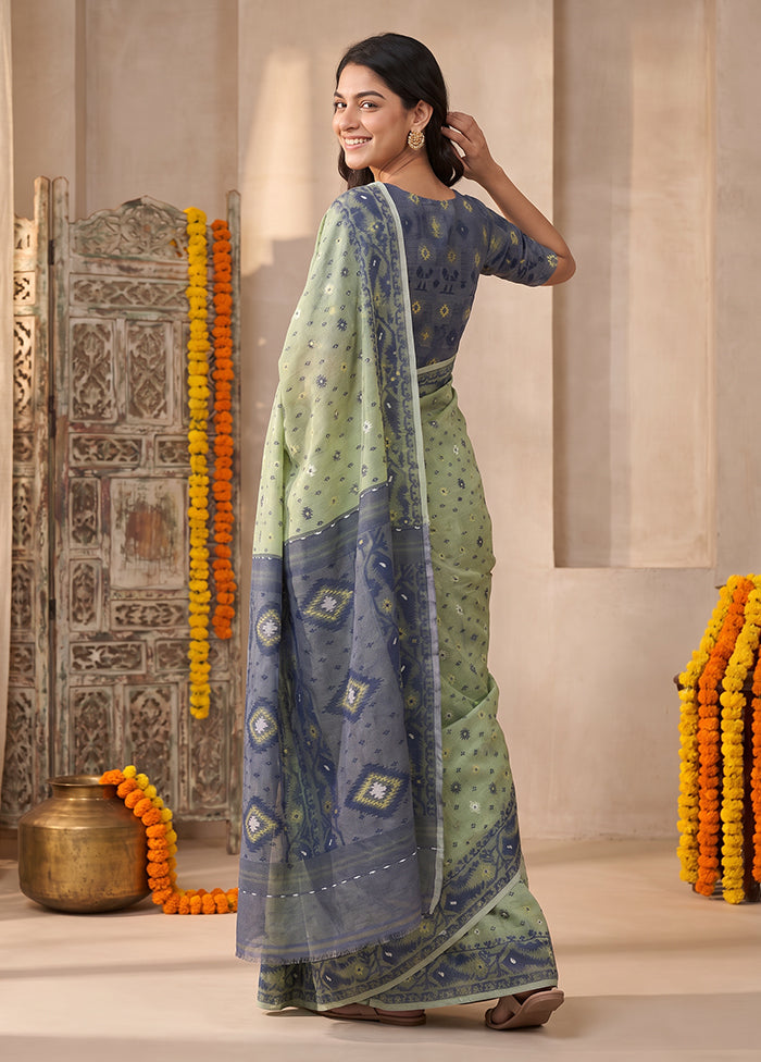 Blue Jamdani Cotton Saree Without Blouse Piece