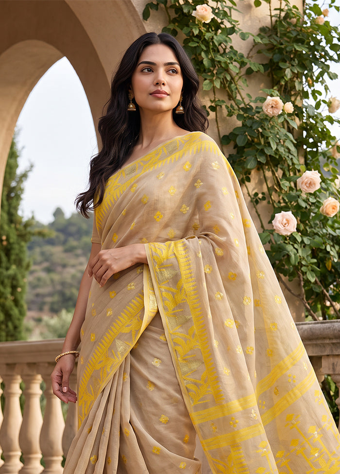 Cream Jamdani Cotton Saree Without Blouse Piece