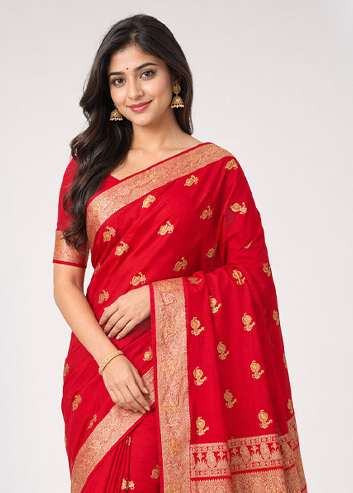 Red Dupion Silk Saree With Blouse Piece
