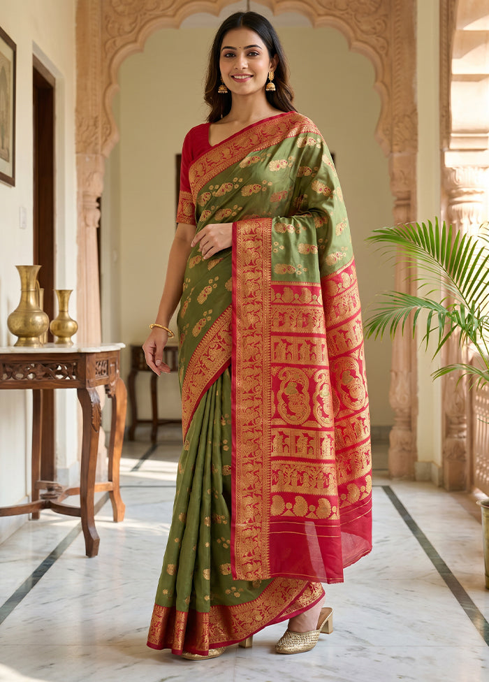 Green Baluchari Silk Saree With Blouse Piece