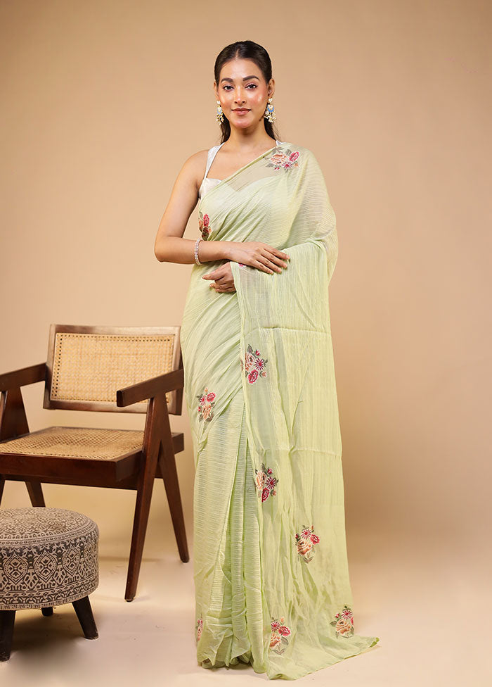 Green Handloom Pure Cotton Saree With Blouse Piece