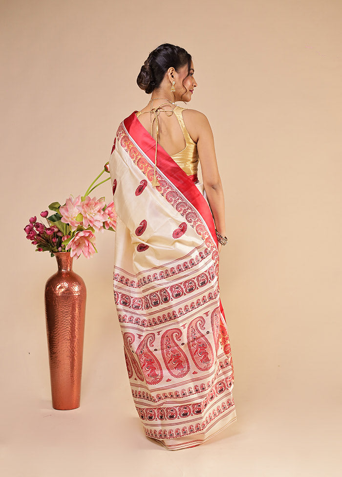 Cream Garad Pure Silk Saree Without Blouse Piece