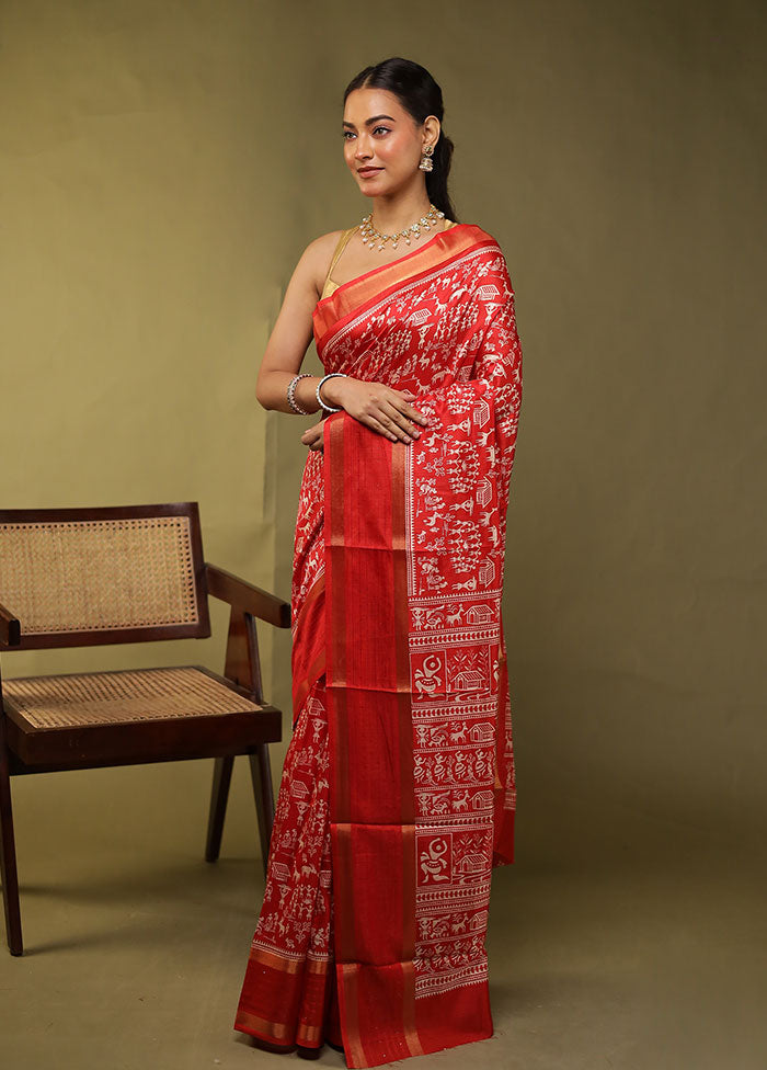 Red Chanderi Cotton Saree With Blouse Piece
