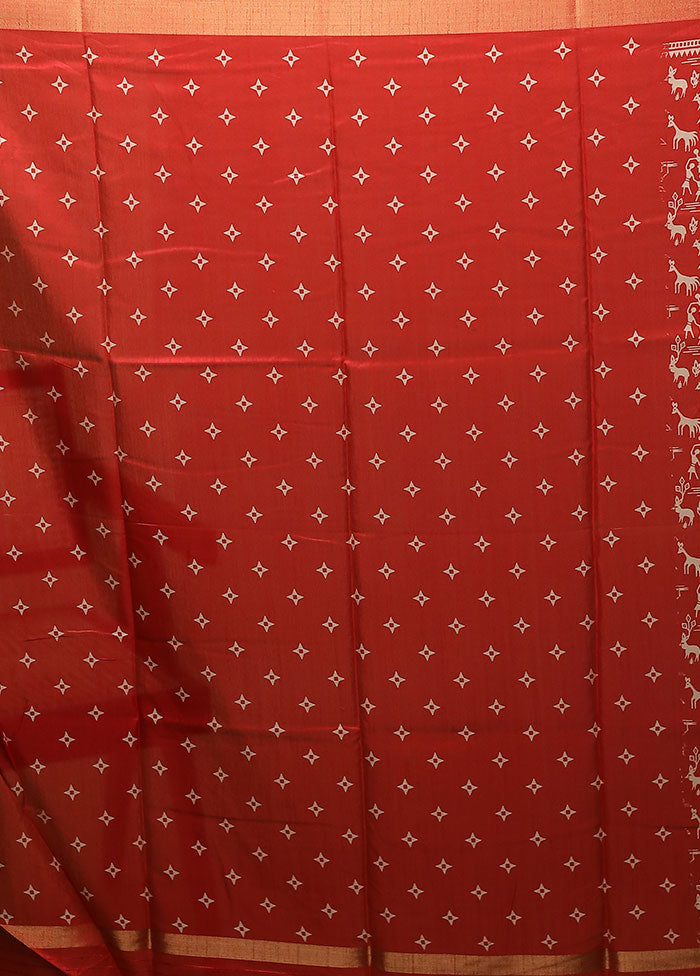 Red Chanderi Cotton Saree With Blouse Piece
