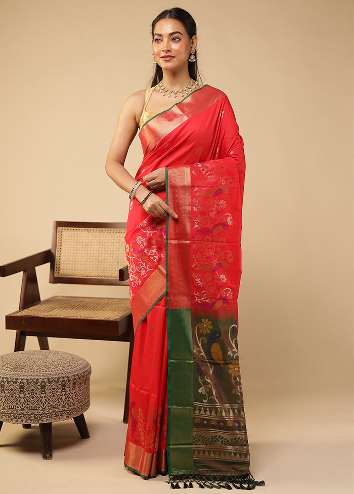 Red Dupion Silk Saree With Blouse Piece