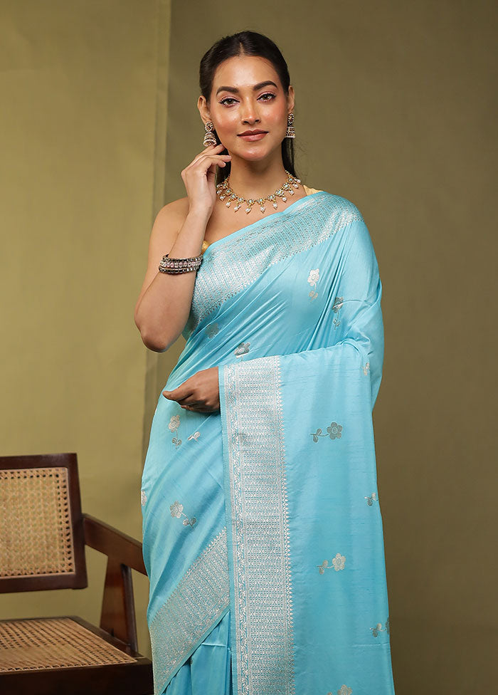 Blue Dupion Silk Saree With Blouse Piece