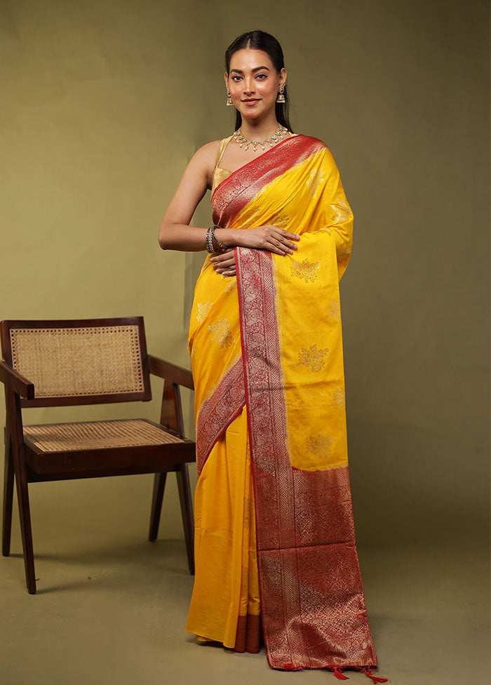 Yellow Dupion Silk Saree With Blouse Piece