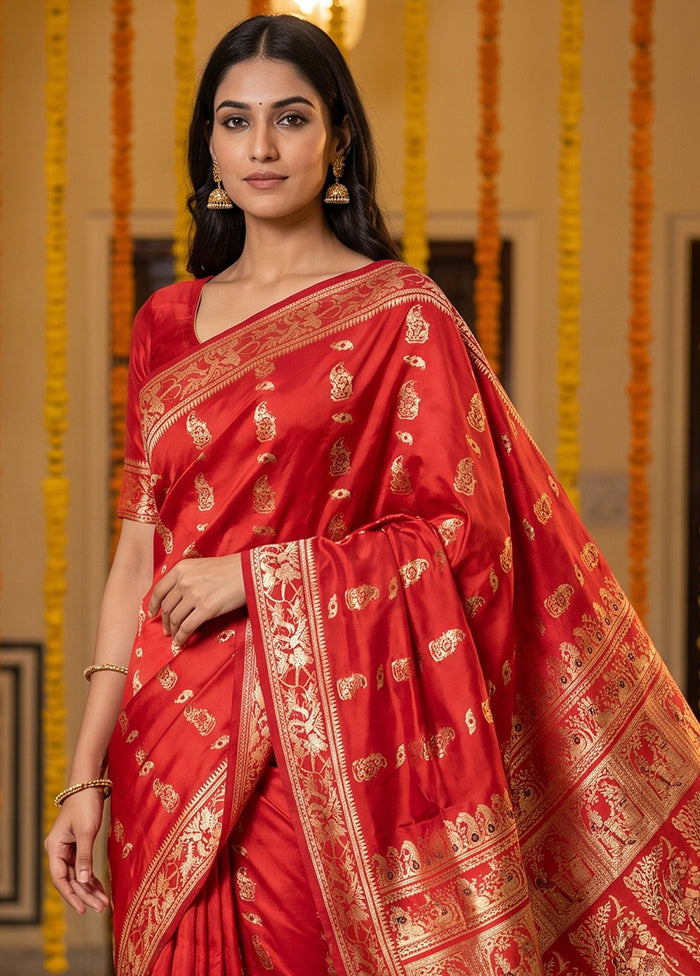 Red Handloom Baluchari Pure Silk Saree With Blouse Piece