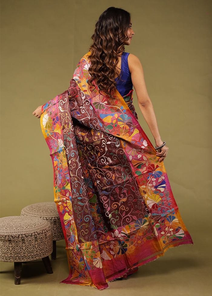 Pink Handloom Kantha Stitch Pure Silk Saree With Blouse Piece