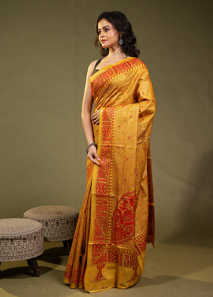 Yellow Handloom Kantha Stitch Pure Silk Saree With Blouse Piece