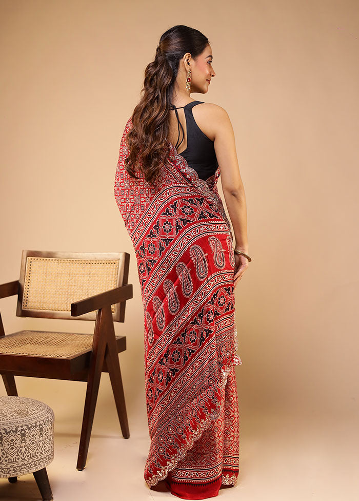 Red Printed Pure Silk Saree Without Blouse Piece