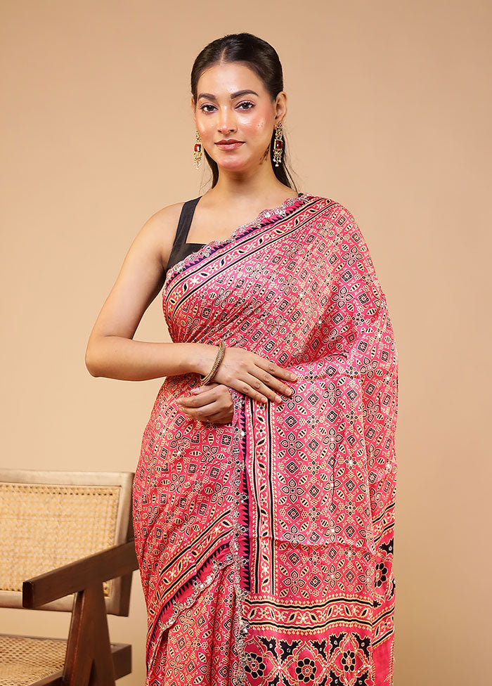 Pink Printed Pure Silk Saree Without Blouse Piece
