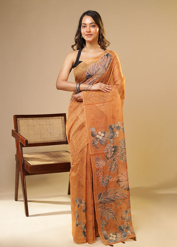 Yellow Linen Silk Saree With Blouse Piece