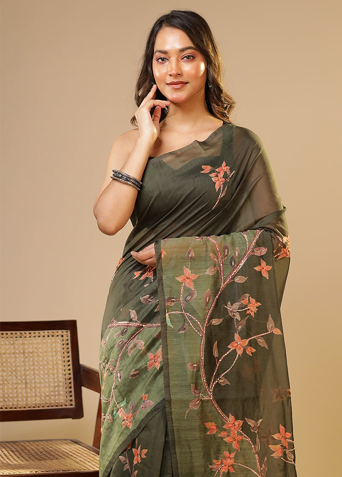 Green Linen Silk Saree With Blouse Piece
