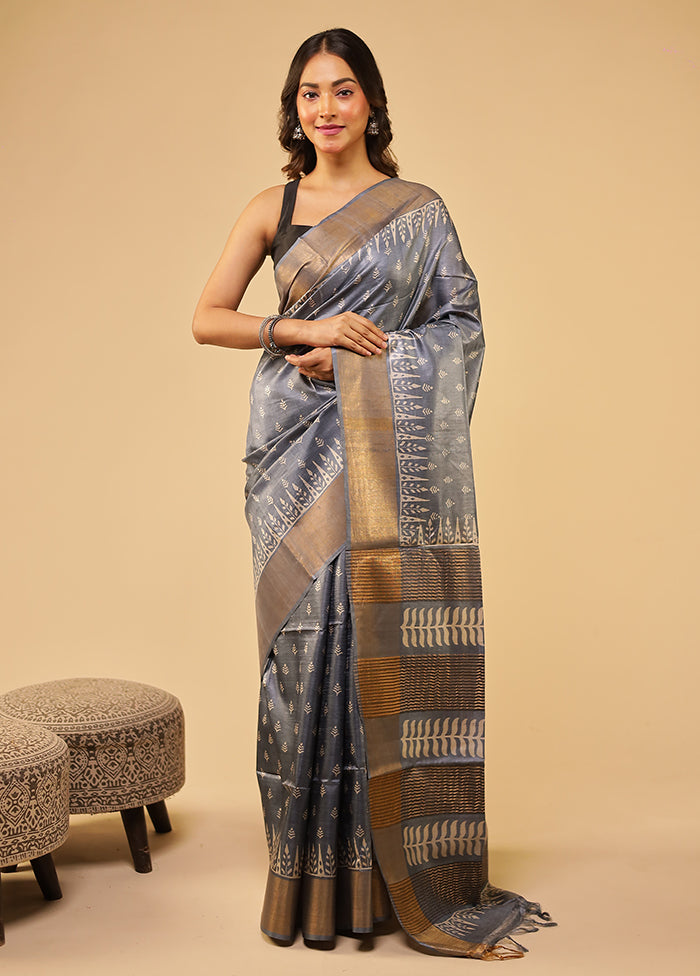Grey Tussar Silk Saree With Blouse Piece