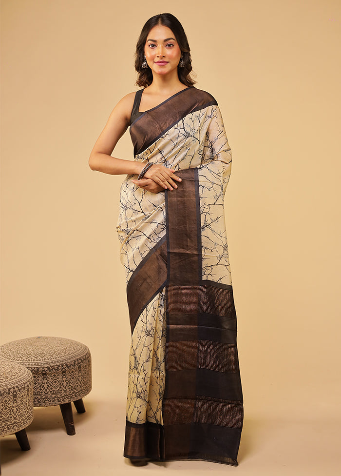 Cream Tussar Silk Saree With Blouse Piece