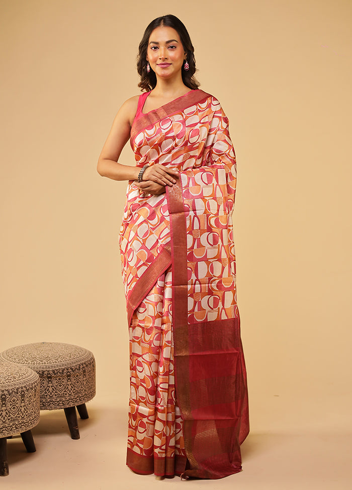 Cream Tussar Silk Saree With Blouse Piece