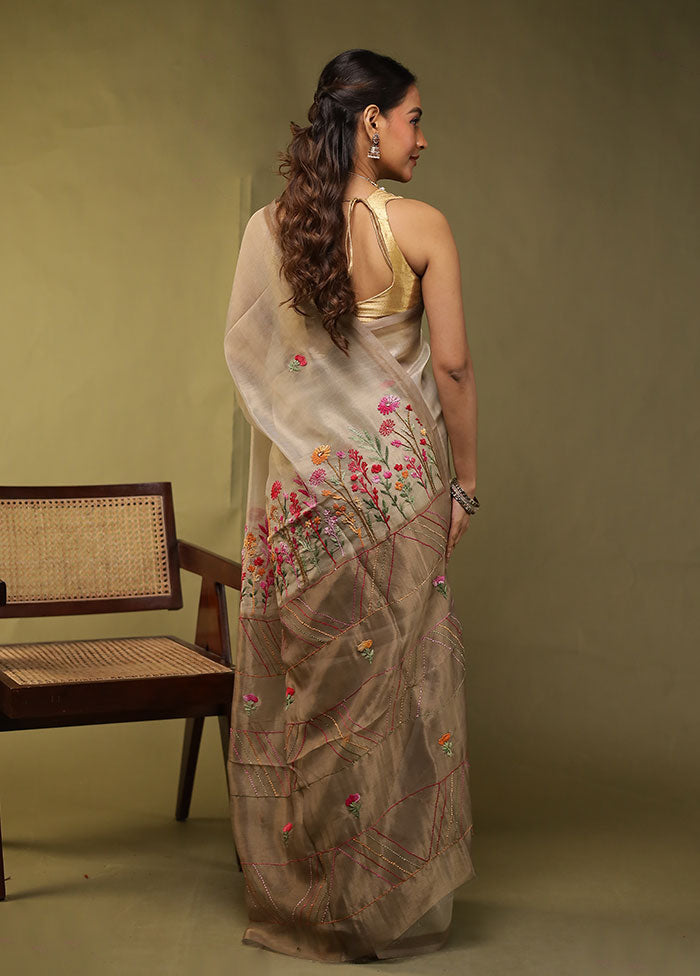 Cream Linen Silk Saree With Blouse Piece