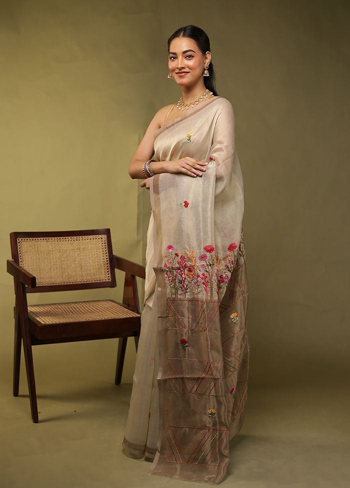 Cream Linen Silk Saree With Blouse Piece