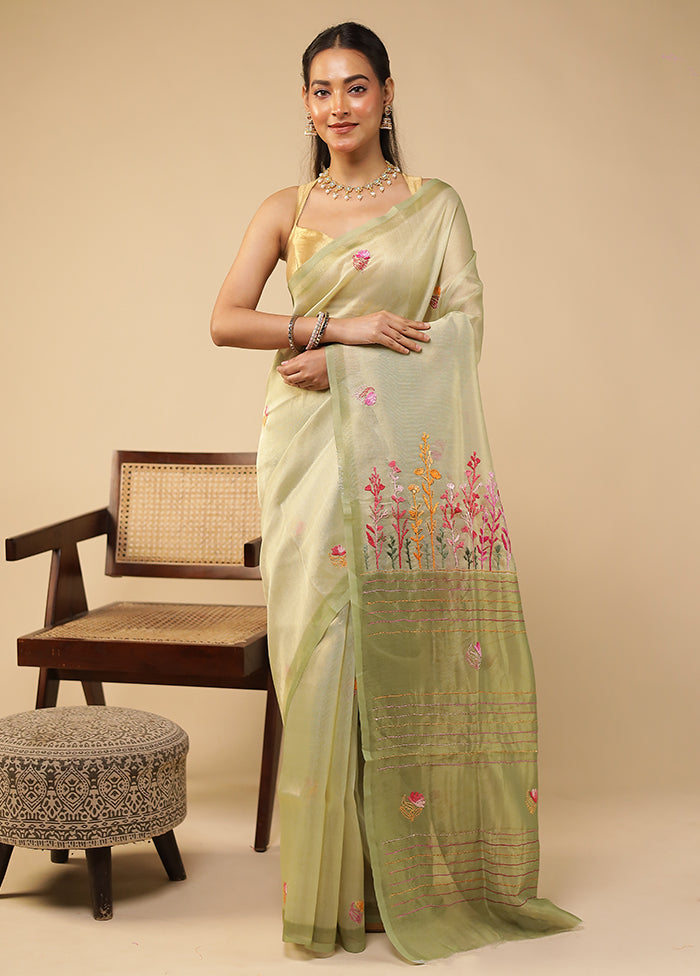 Green Linen Silk Saree With Blouse Piece