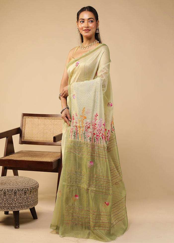 Green Linen Silk Saree With Blouse Piece