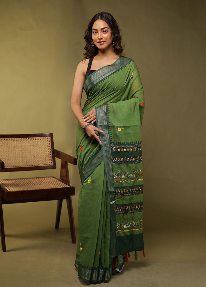 Green Linen Silk Saree With Blouse Piece