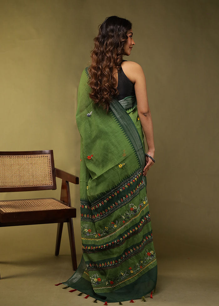 Green Linen Silk Saree With Blouse Piece