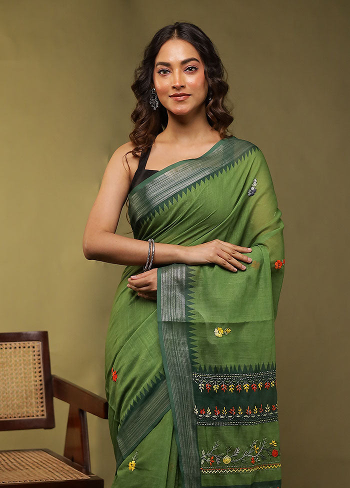 Green Linen Silk Saree With Blouse Piece