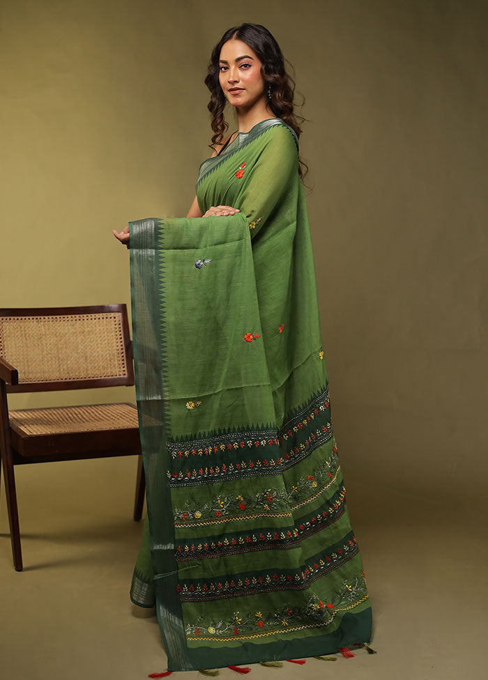 Green Linen Silk Saree With Blouse Piece