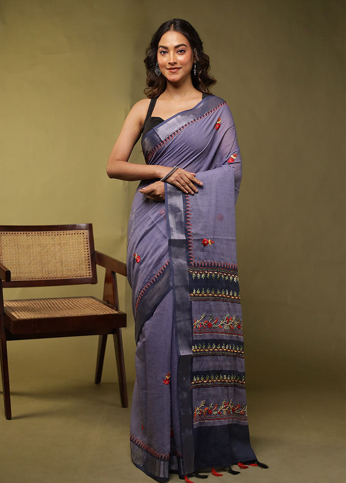 Blue Linen Silk Saree With Blouse Piece