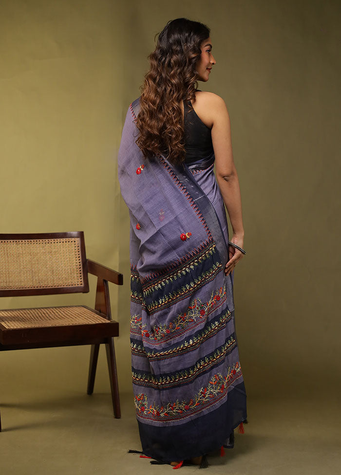 Blue Linen Silk Saree With Blouse Piece