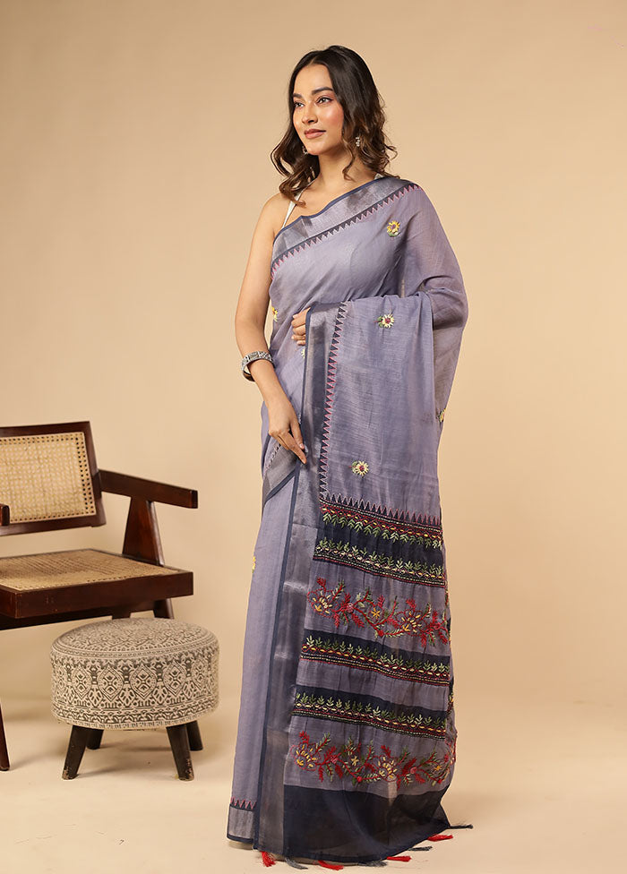 Blue Linen Silk Saree With Blouse Piece