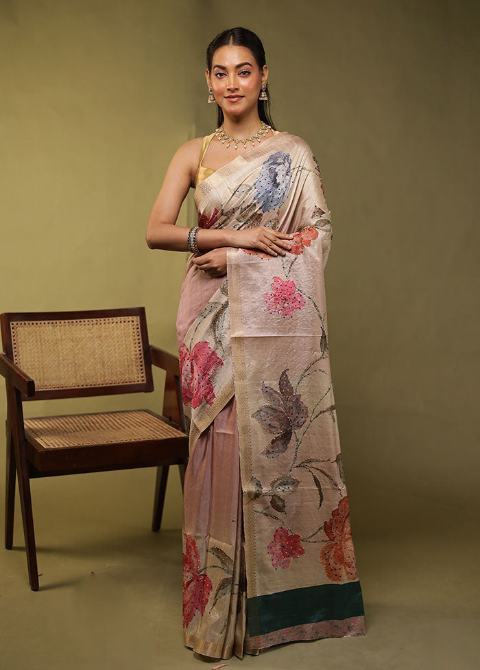 Cream Tussar Silk Saree With Blouse Piece