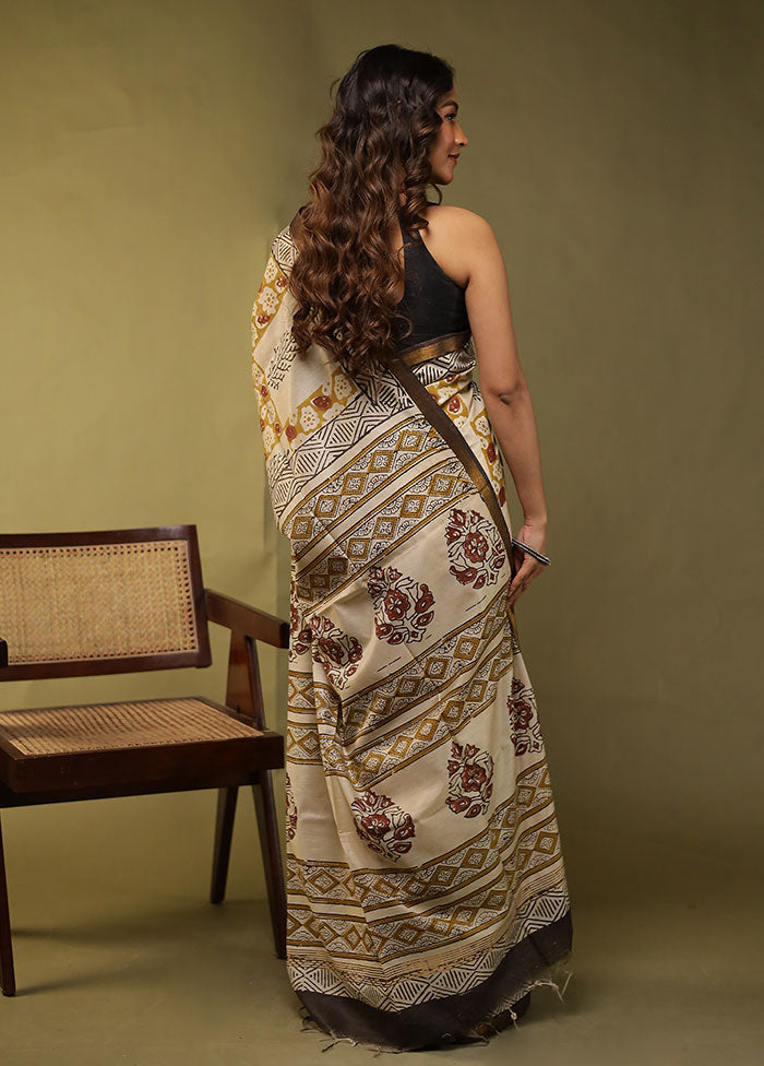 Cream Chanderi Cotton Saree With Blouse Piece