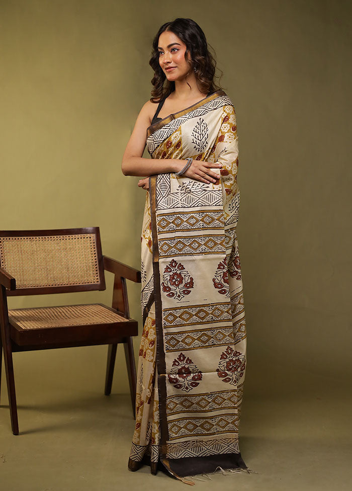 Cream Chanderi Cotton Saree With Blouse Piece
