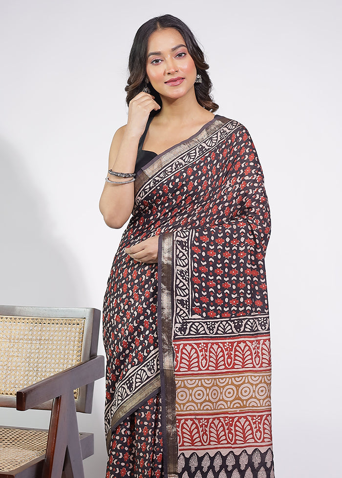 Black Chanderi Cotton Saree With Blouse Piece