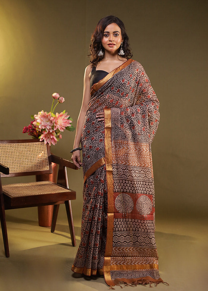 Black Chanderi Cotton Saree With Blouse Piece