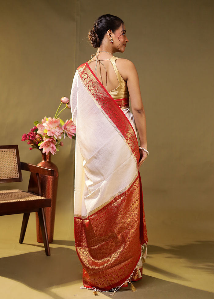 White Dupion Silk Saree With Blouse Piece