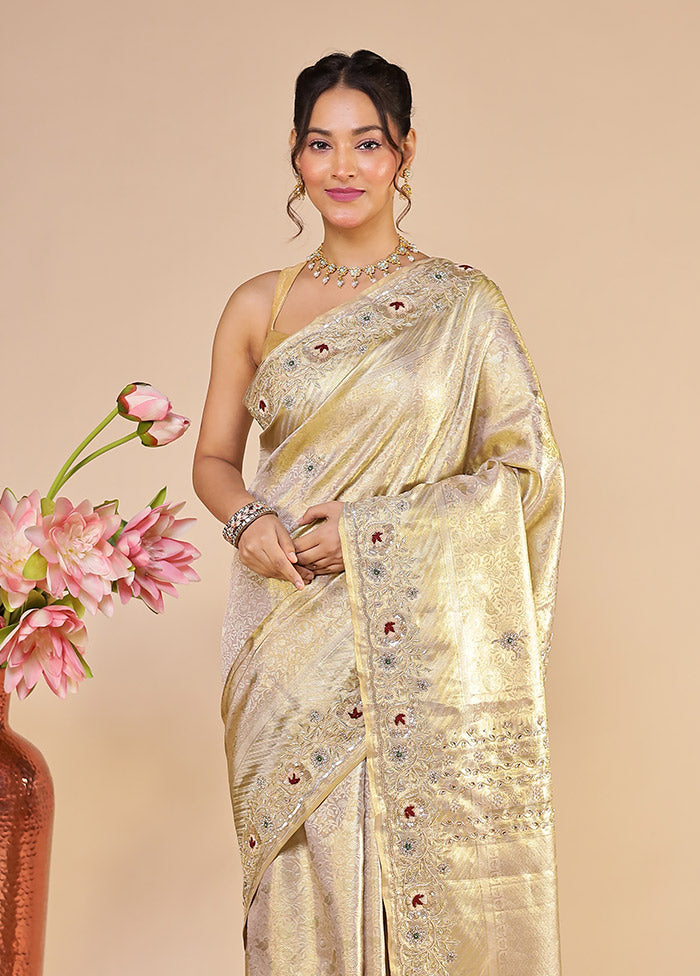 Gold Handloom Kanchipuram Pure Silk Saree With Blouse Piece