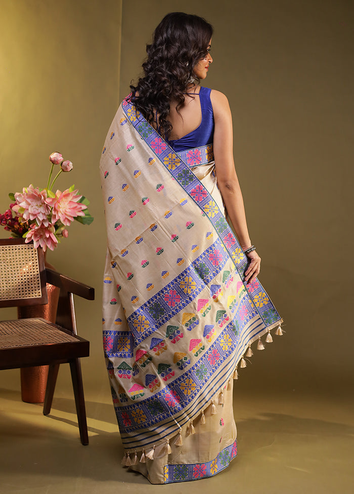 Cream Assam Silk Saree With Blouse Piece