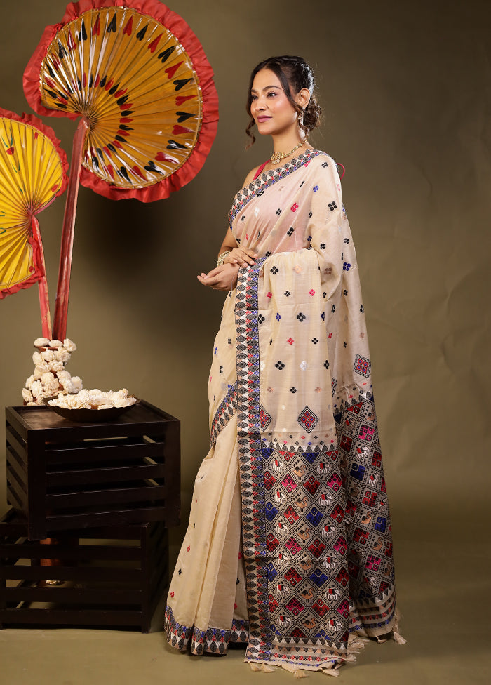 Cream Assam Silk Saree With Blouse Piece
