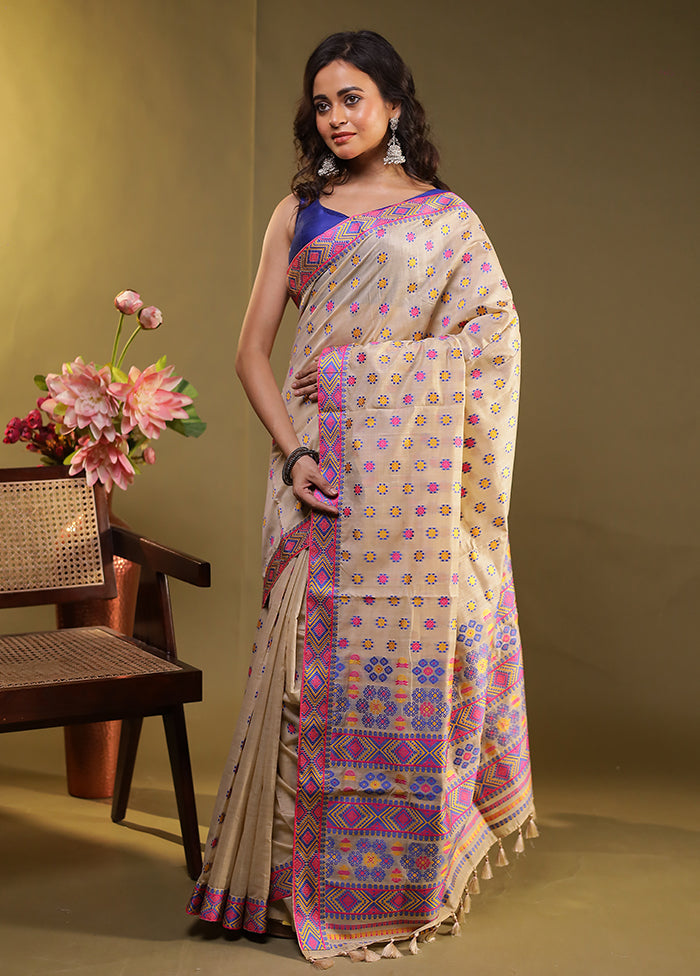 Cream Assam Silk Saree With Blouse Piece