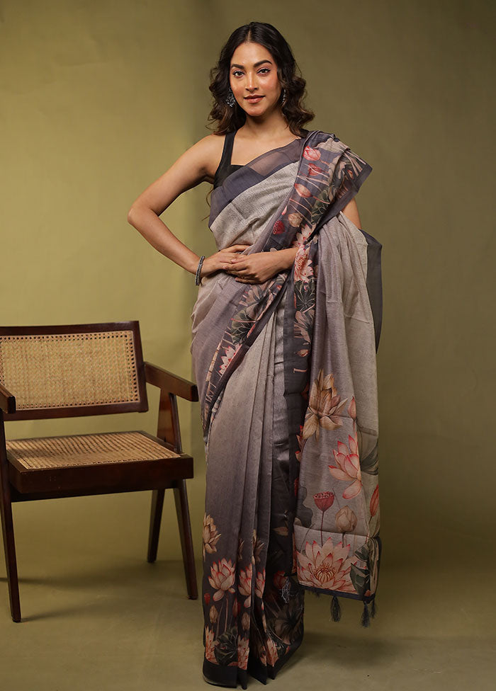 Grey Cotton Saree With Blouse Piece