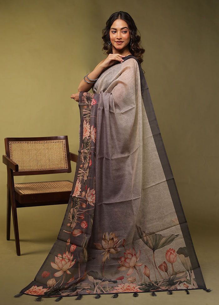 Grey Cotton Saree With Blouse Piece