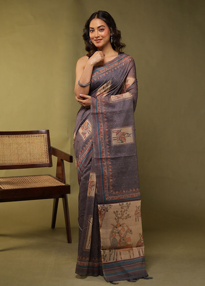 Grey Cotton Saree With Blouse Piece