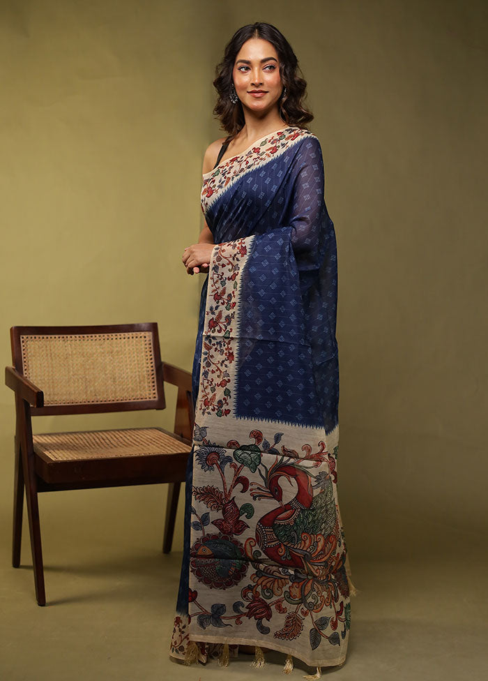 Blue Cotton Saree With Blouse Piece