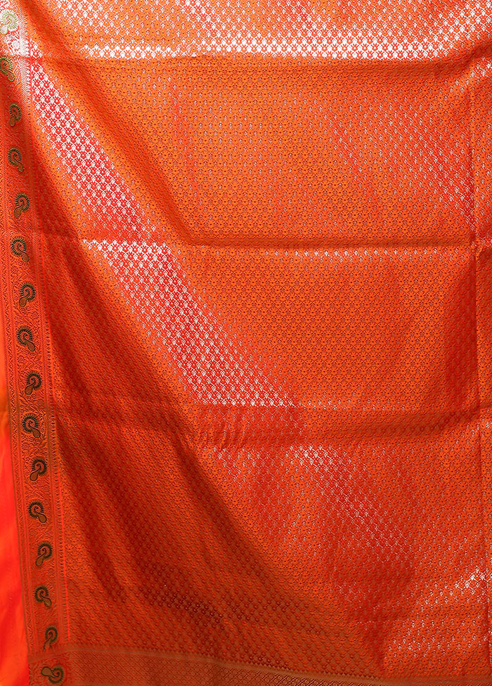 Orange Handloom Banarasi Pure Silk Saree With Blouse Piece