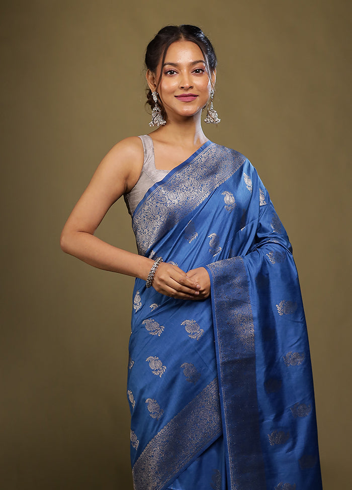 Blue Dupion Silk Saree With Blouse Piece