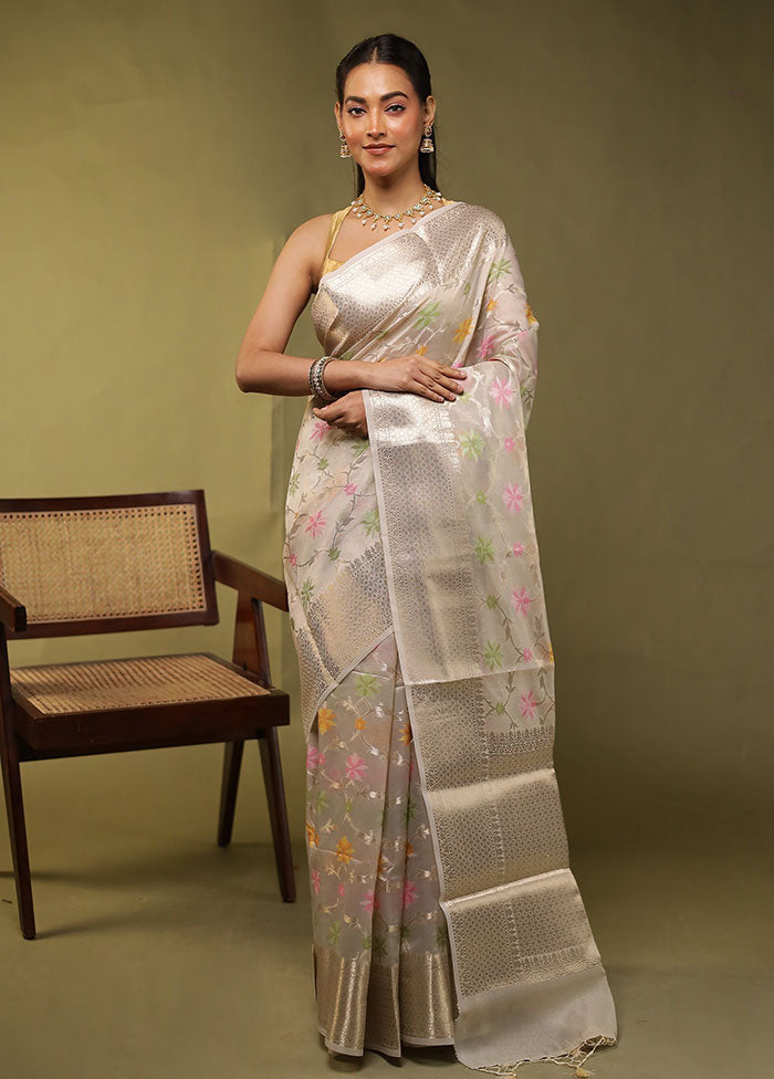 Cream Kora Silk Saree With Blouse Piece